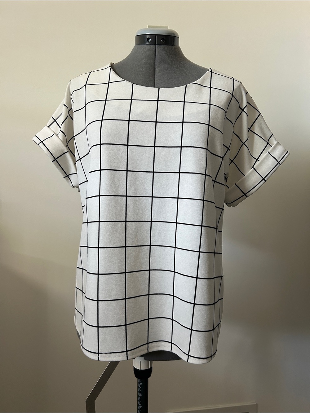 MELLODAY White Grid-Print Short Sleeve Boxy Top Small